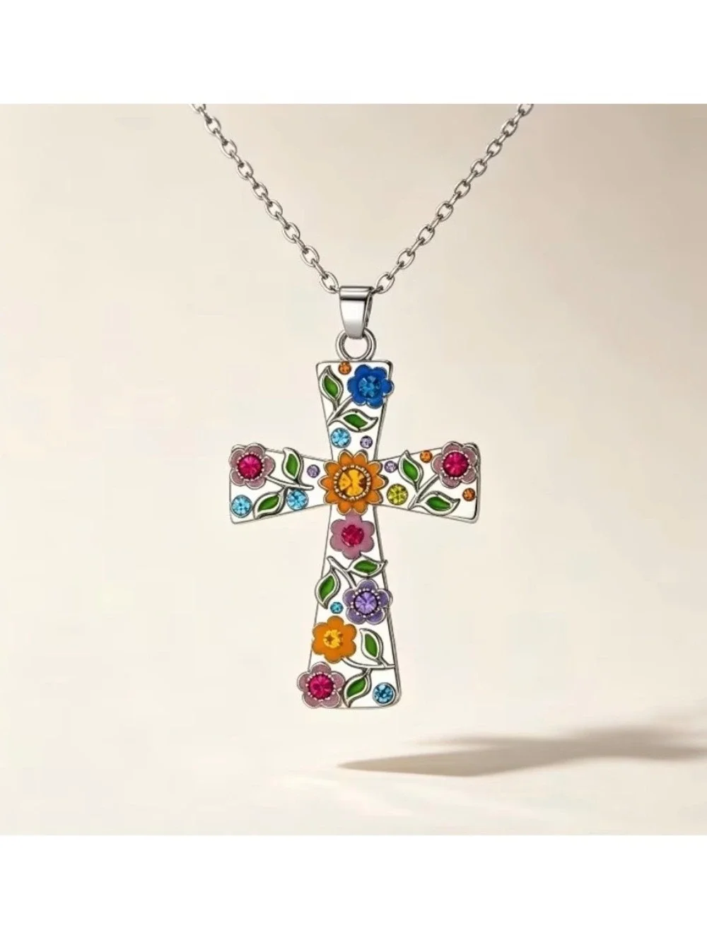 Vibrant Floral Cross Pendant Necklace - Colorful Statement Jewelry